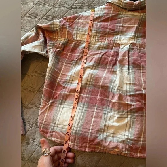American Eagle Flannel Shirt Crop Top Plaid Button Up Long Sleeve Small - Picture 7 of 8